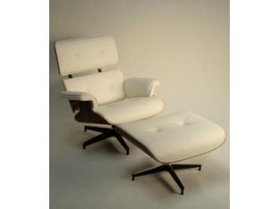 Eames Style Lounge Chair and Ottoman in White Leather Upholstery