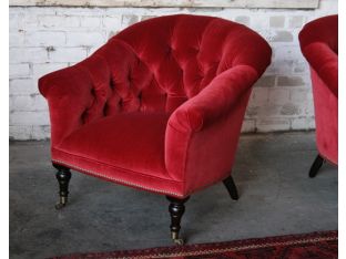 Ruby Red Tufted Velvet Club Chair with Brass Nailhead