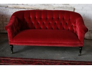 Ruby Red Tufted Velvet Loveseat with Brass Nailhead