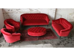 Ruby Red Tufted Velvet Loveseat with Brass Nailhead