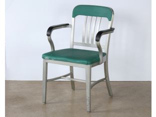 Slatback Metal Armchair with Green Vinyl Seat & Back