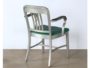 Slatback Metal Armchair with Green Vinyl Seat & Back