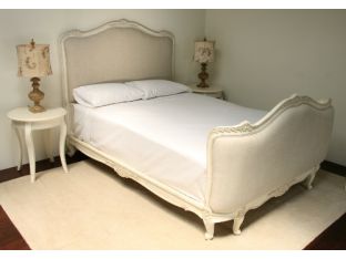 Antique Cream French Style Queen Bed with Natural Linen Upholstery 
