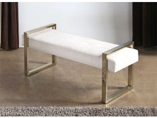Jet Set Bench in White Fabric with Square Brass Legs