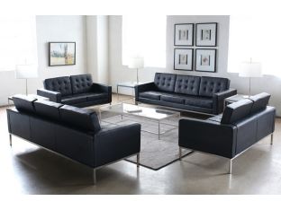 Black Leather Button Tufted Knoll Style Loveseat