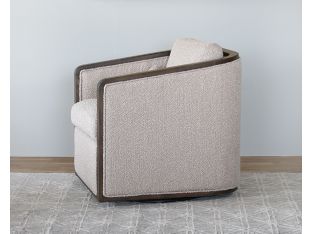 Off White Boucle Swivel Chair With Dark Oak Arms