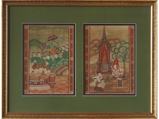 Two Antique Thai Paintings In Gold Frame, 19th Century 25W x 18.5H