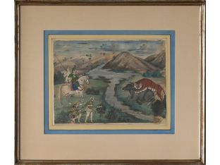 Mughal School Tiger Hunt Gouache Painting, 18th/19th Century 20W x 17H