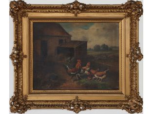 Rooster and Hen Landscape, Oil on Panel, 19th Century 29W x 25H