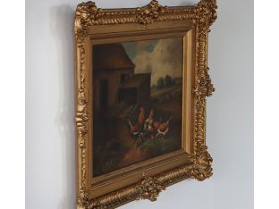 Rooster and Hen Landscape, Oil on Panel, 19th Century 29W x 25H