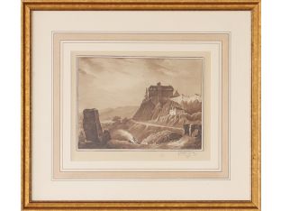 Antique Watercolor and Gouache House on the Hill 17W x 15H - Cleared Art