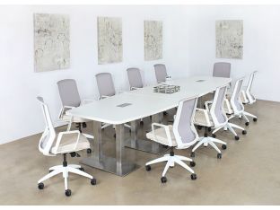 White Conference Chair With Upholstered Sand Seat