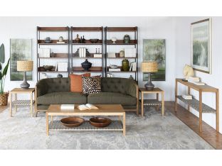 Natural Wood Console With Grey Woven Leather Shelf