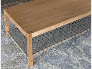 Natural Wood Coffee Table Woven Grey Leather Shelf