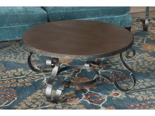 Scrolled Steel and Rustic Taupe Wood Coffee Table