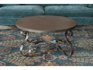 Scrolled Steel and Rustic Taupe Wood Coffee Table