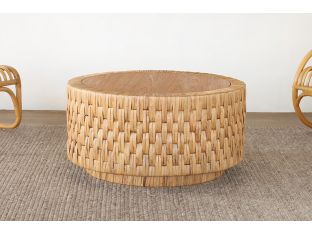 Round Woven Seagrass Coffee Table with Teak Top