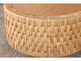 Round Woven Seagrass Coffee Table with Teak Top