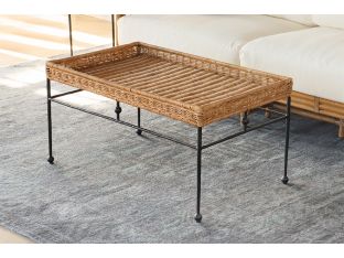 Wicker Coffee Table with Black Wrought Iron Base     