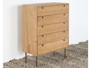 Danish Modern Natural Oak 5 Drawer Dresser With Brass