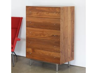 Walnut 5 Drawer Dresser With Stainless Base