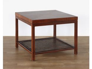 Mid-Century Square Side Table with Cane Accent Shelf, Vintage 1960's