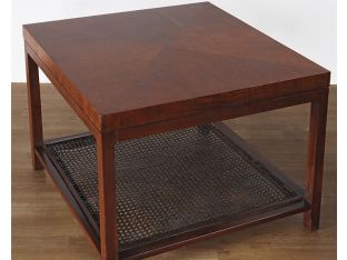 Mid-Century Square Side Table with Cane Accent Shelf, Vintage 1960's