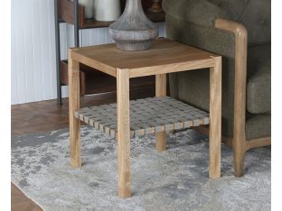 Natural Wood End Table W/ Woven Grey Leather Shelf