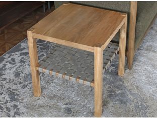 Natural Wood End Table W/ Woven Grey Leather Shelf