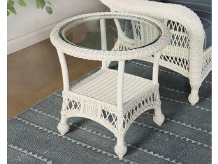 White Wicker End Table with Glass Top