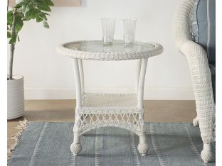 White Wicker End Table with Glass Top