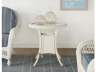 Tall White Wicker End Table with Glass Top