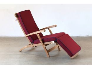 Teak Slatback Folding Recliner with Red Cushion and Blue Piping 