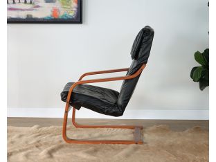 Vintage Black Leather Teak Lounge Chair