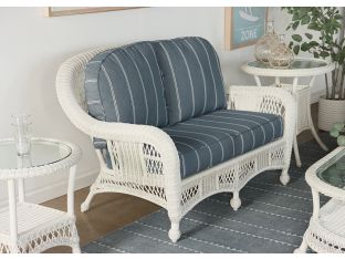 White Wicker Loveseat with Blue and White Cushion