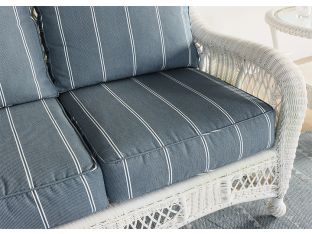 White Wicker Loveseat with Blue and White Cushion