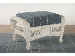 White Wicker Ottoman w/ Blue & White Cushion