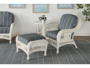 White Wicker Ottoman w/ Blue & White Cushion