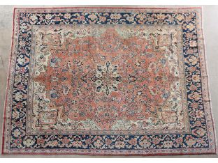 9' x 12' Salmon and Blue Mahallat Persian Rug Circa 1945
