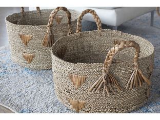 Set Of 2 Seagrass Woven Nesting Baskets W/Handles