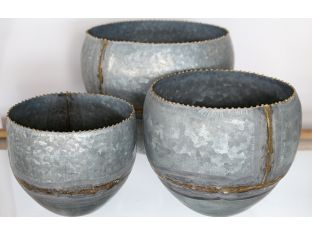 Set Of 3 Galvanized Pots W/ Brass Welds