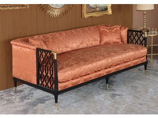 Burnt Orange Damask Sofa with Black Fretwork Arms