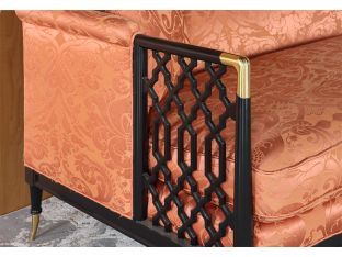Burnt Orange Damask Sofa with Black Fretwork Arms