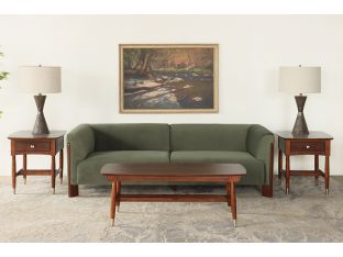 Olive Upholstered Sofa w/ Exposed Walnut Legs