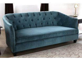 Curved Peacock Velvet Sofa with Tufted Back and Toss Pillows