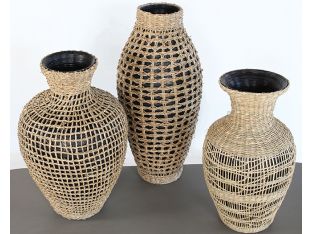 Set Of 3 Black Vases W/Woven Seagrass