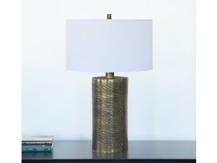 Large Brass Cylinder Table Lamp with Wave Pattern