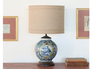 Antique Delft Ceramic Lamp with Bird and Fountain