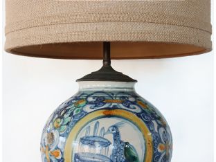 Antique Delft Ceramic Lamp with Bird and Fountain